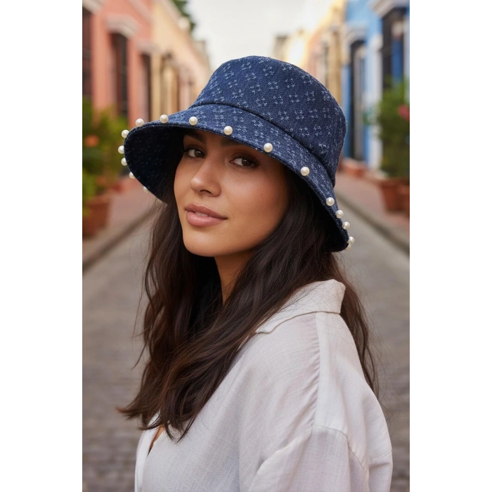 Mavi Renk İnci Detaylı Kot Tasarım Şapka