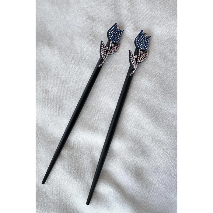 Mavi Renk Lale Figürlü Taş Detaylı Topuz Tokası/ Kalemi