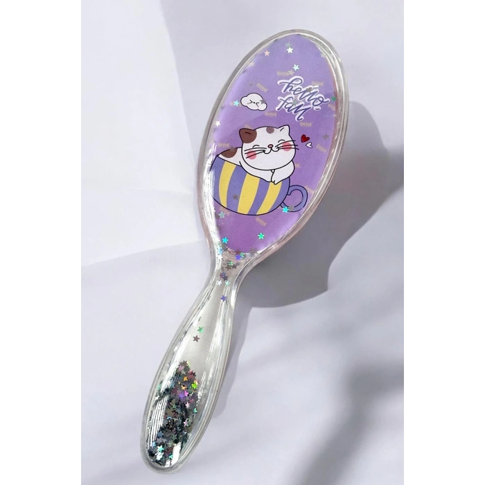 Mor Renk Kedi Figürlü Sim Detaylı Saç Tarama Fırçası/ Tarak