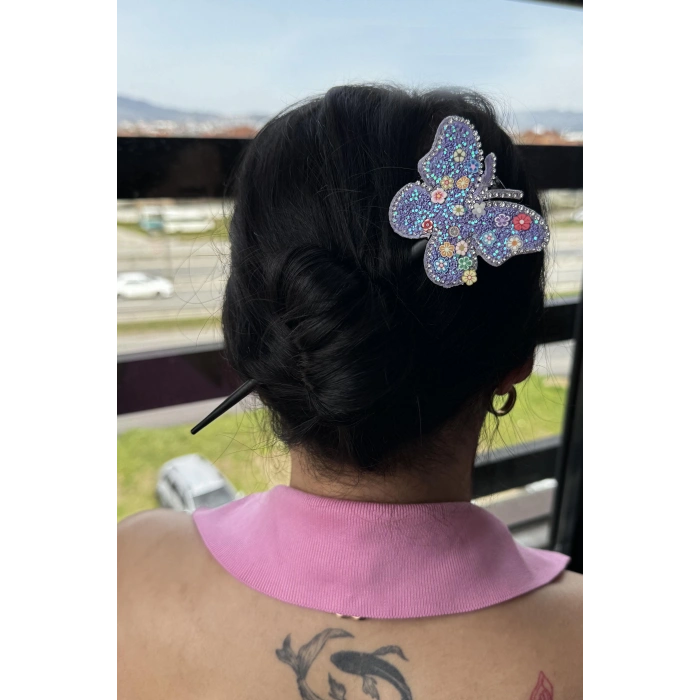 Mor Renk Kelebek Figürlü Topuz Tokası/Topuz Kalemi