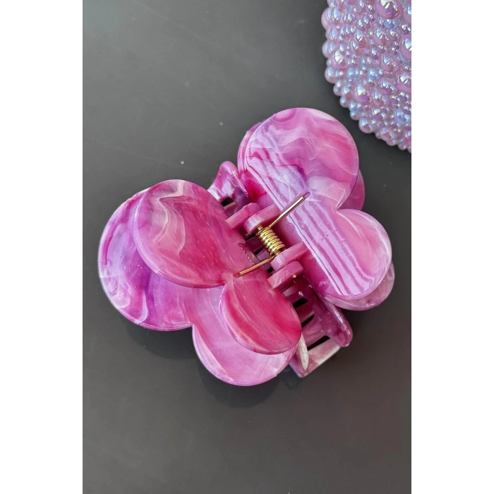 Pembe Renk Kelebek Figürlü Mermer Desenli Kemik Mandal Toka