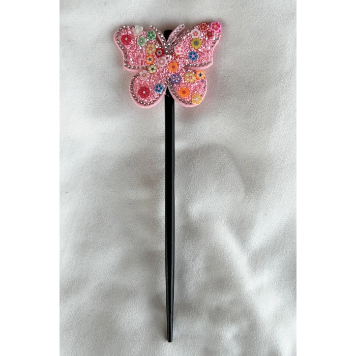 Pembe Renk Kelebek Figürlü Topuz Tokası/Topuz Kalemi
