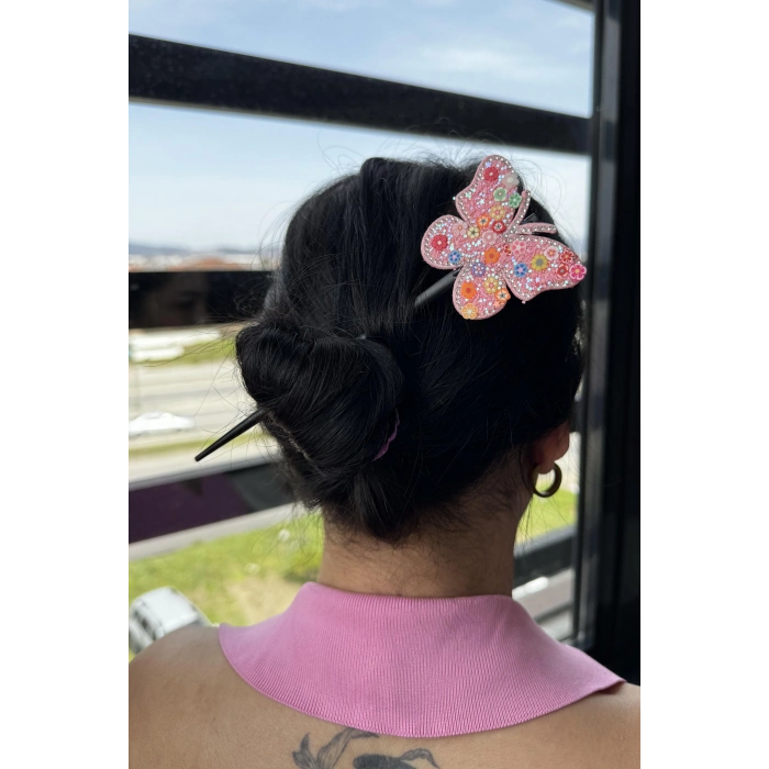 Pembe Renk Kelebek Figürlü Topuz Tokası/Topuz Kalemi