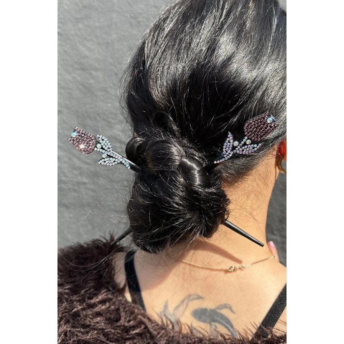 Pembe Renk Lale Figürlü Taş Detaylı İkili Topuz Tokası/ Kalemi