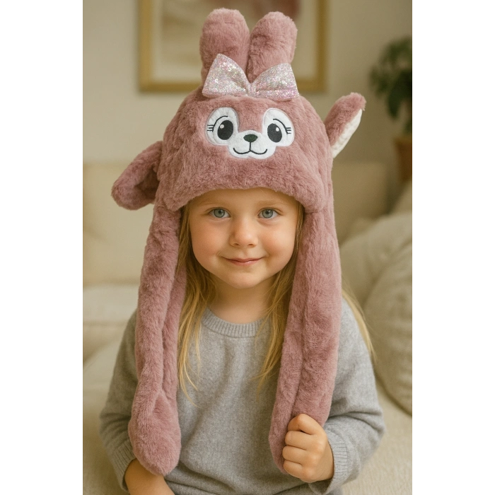 Pudra Renk Tavşan Figürlü Kulakları Oynayan Peluş Şapka