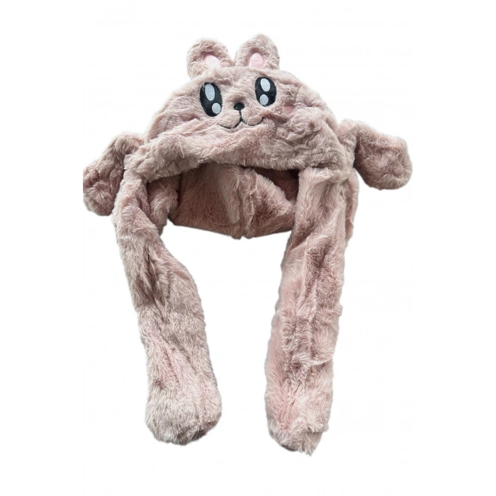 Pudra Renk Tavşan Figürlü Kulakları Oynayan Peluş Şapka