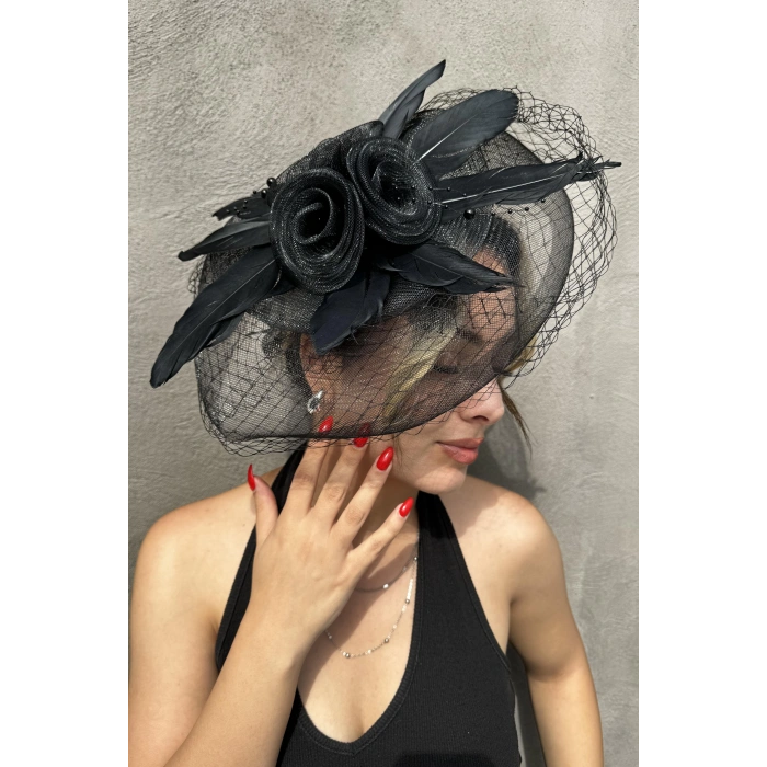 Siyah Renk Çiçek Detaylı Nikah Şapkası/Vualet Şapka