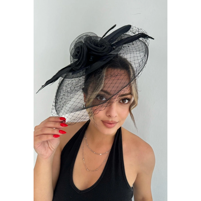 Siyah Renk Çiçek Detaylı Nikah Şapkası/Vualet Şapka