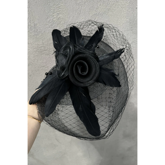 Siyah Renk Çiçek Detaylı Nikah Şapkası/Vualet Şapka
