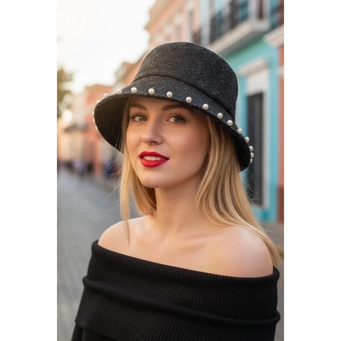 Siyah Renk İnci Detaylı Kot Tasarım Şapka