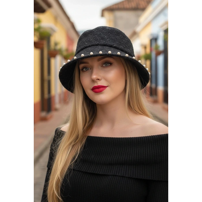 Siyah Renk İnci Detaylı Kot Tasarım Şapka