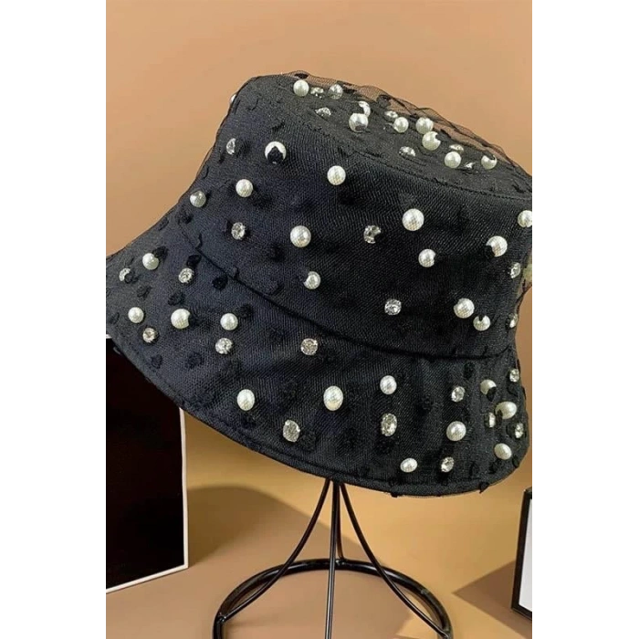 Siyah Renk İnci Detaylı Tasarım Şapka