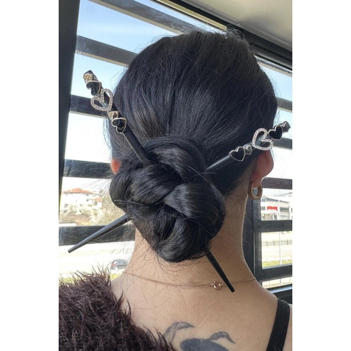 Siyah Renk Kalp Figürlü İkili Topuz Tokası/ Kalemi