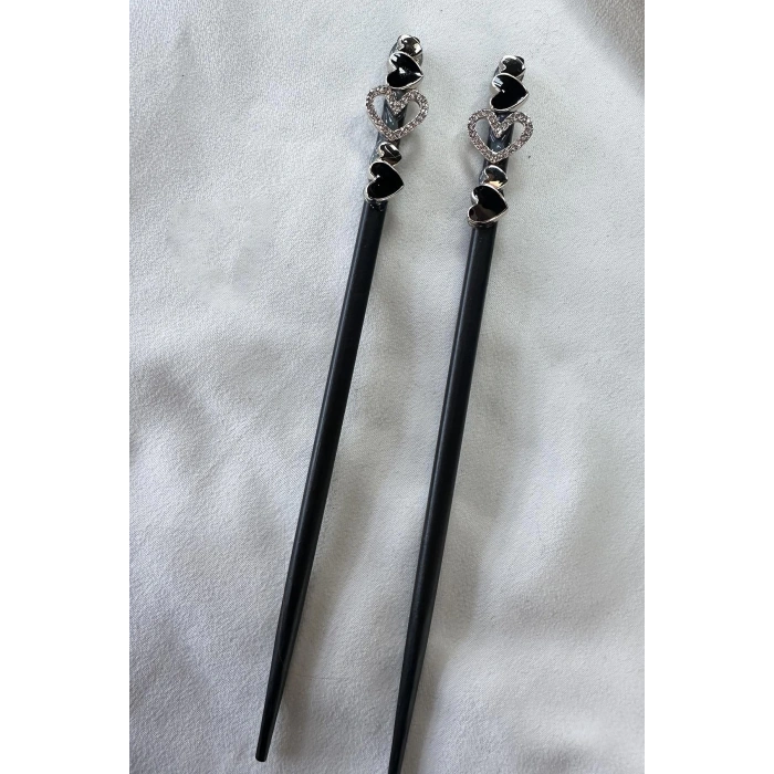 Siyah Renk Kalp Figürlü İkili Topuz Tokası/ Kalemi