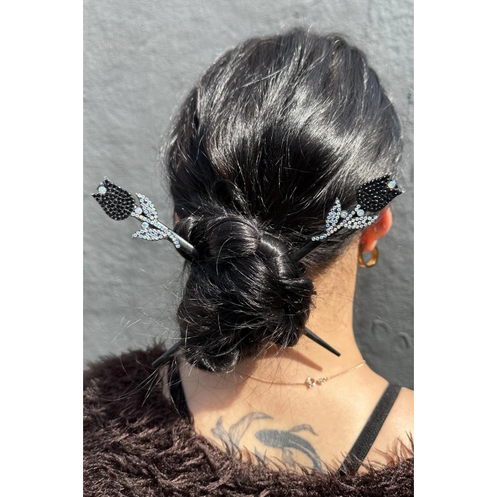 Siyah Renk Lale Figürlü Taş Detaylı Topuz Tokası/ Kalemi