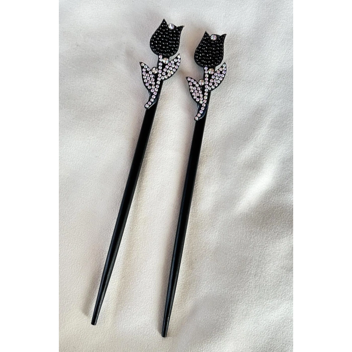 Siyah Renk Lale Figürlü Taş Detaylı Topuz Tokası/ Kalemi