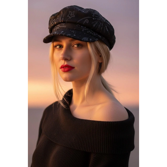 Siyah Renk Pul Detaylı Tasarım Şapka