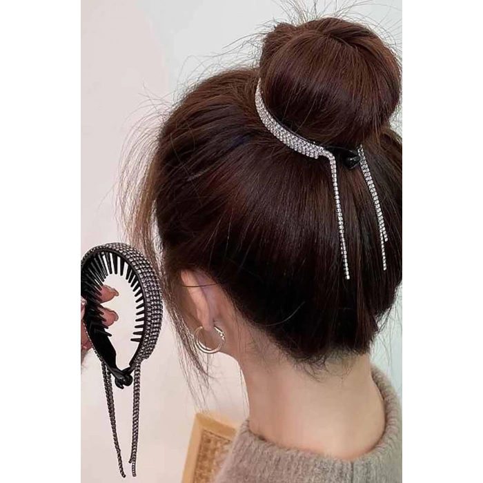 Siyah Renk Taş Detaylı Topuz Tokası