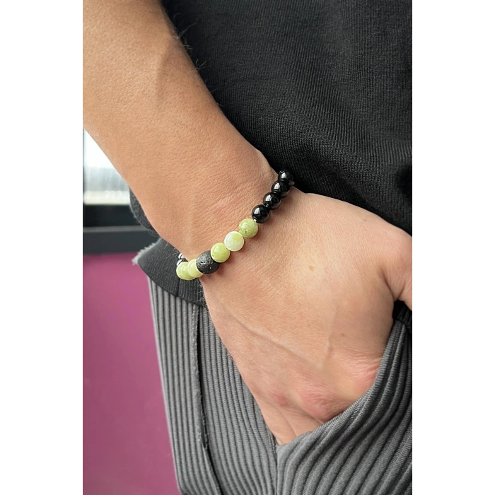 Siyah Ve Yeşil Renk Boncuk Detaylı Erkek Bileklik