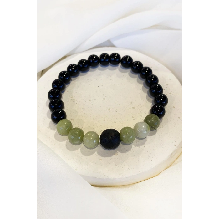 Siyah Ve Yeşil Renk Boncuk Detaylı Erkek Bileklik