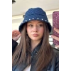 Mavi Renk İnci Detaylı Kot Tasarım Şapka