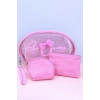 Açık Pembe Renk 3lü Şeffaf Makyaj Çantası