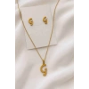 Altın Renk G Harfli Çelik Kolye/Küpe Set