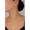 Altın Renk Kalp Figürlü Çiçek Detaylı Çelik Kolye/Küpe Set