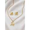 Altın Renk M Harfli Çelik Kolye/Küpe Set