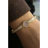 Altın Renk Pembe Taş Detaylı Çelik Kelepçe Bileklik