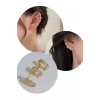Altın Renk Taş Detaylı Üçlü Görünümlü Ear Cuff (Tek)