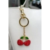 Altın Ve Kırmızı Renk Kiraz Figürlü Taş Detaylı Çanta Charm/ Anahtarlık