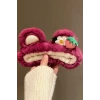 Fuşya Renk Çilek Ve Çiçek Figürlü Kulak Detaylı Peluş Saç Bandı