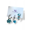 Gümüş Renk Çiçek Figürlü Mavi Taş Detaylı VİP 3lü YSX Küpe Set