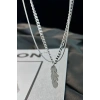 Gümüş Renk Tüy Figürlü Erkek İkili Zincir Çelik Kolye