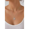 Gümüş Renk Yonca Figürlü Taş Detaylı  Çelik Kolye
