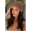 Kahve Renk İnci Detaylı Örgü Saç Bandana