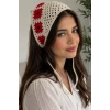 Kırmızı Renk Çiçek Desenli Örgü Saç Bandana