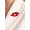 Kırmızı Renk Dudak Figürlü Taşlı Broş