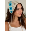 Mavi Renk Çiçek Desenli Örgü Saç Bandana