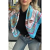 Mavi Renk Karışık Desenli Saten Şal/Fular