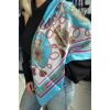 Mavi Renk Karışık Desenli Saten Şal/Fular