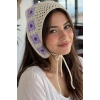 Mor Renk Çiçek Desenli Örgü Saç Bandana
