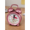 Pembe Renk Simli Mini Dekoratif Işıklı Alarmlı Yuvarlak Masa Saati