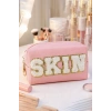 Pembe Renk Skın Yazılı Makyaj Çantası