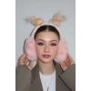 Pudra Renk Saç Detaylı Peluş Kulaklık