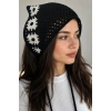 Siyah Renk Çiçek Desenli Örgü Saç Bandana
