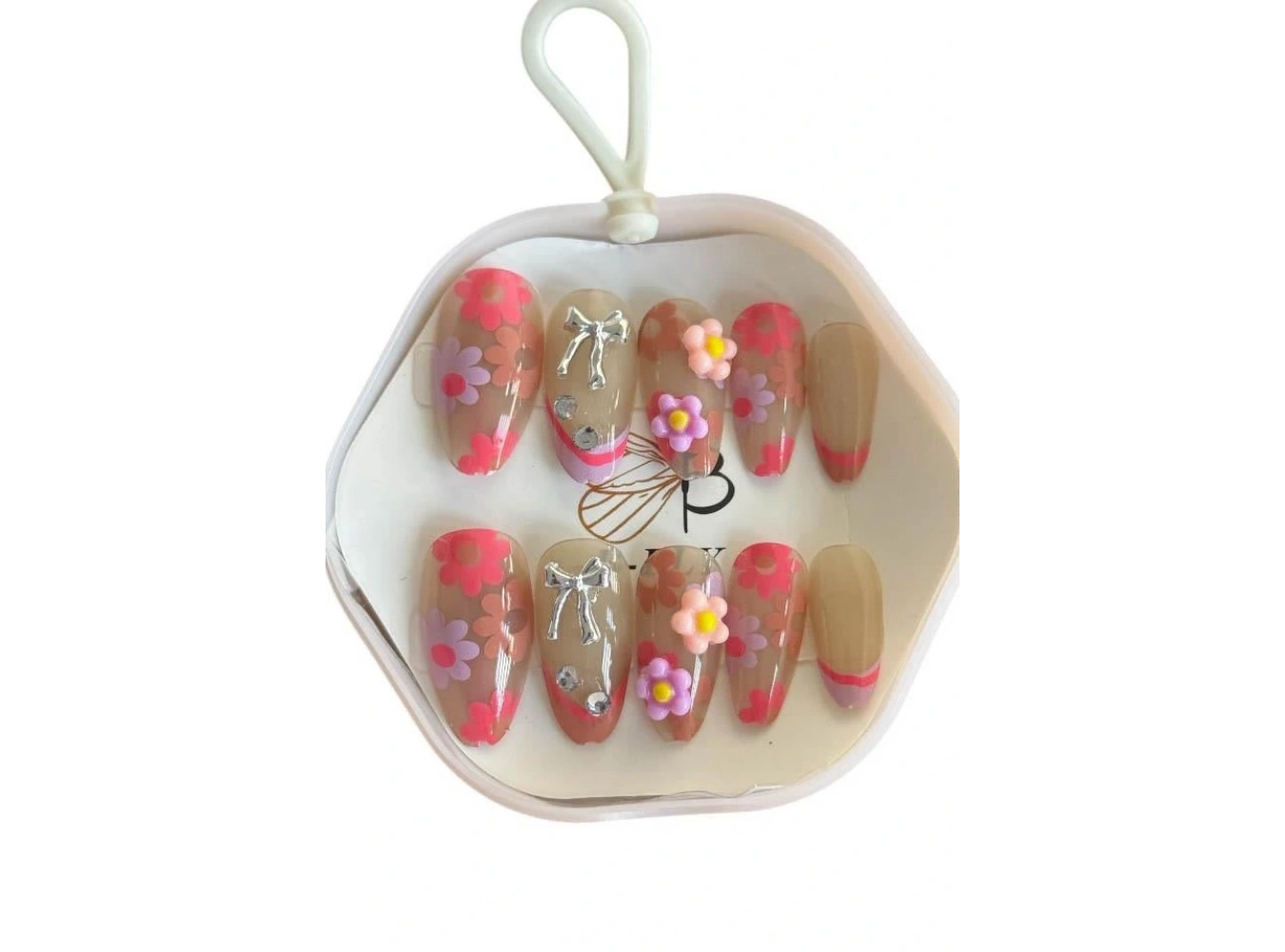 10lu Karışık Renk Kurdele Ve Çiçek Figürlü Takma Tırnak Set