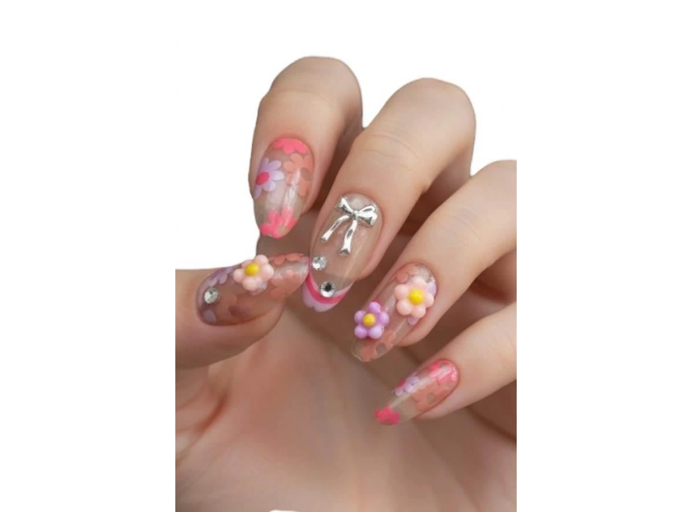 10lu Karışık Renk Kurdele Ve Çiçek Figürlü Takma Tırnak Set