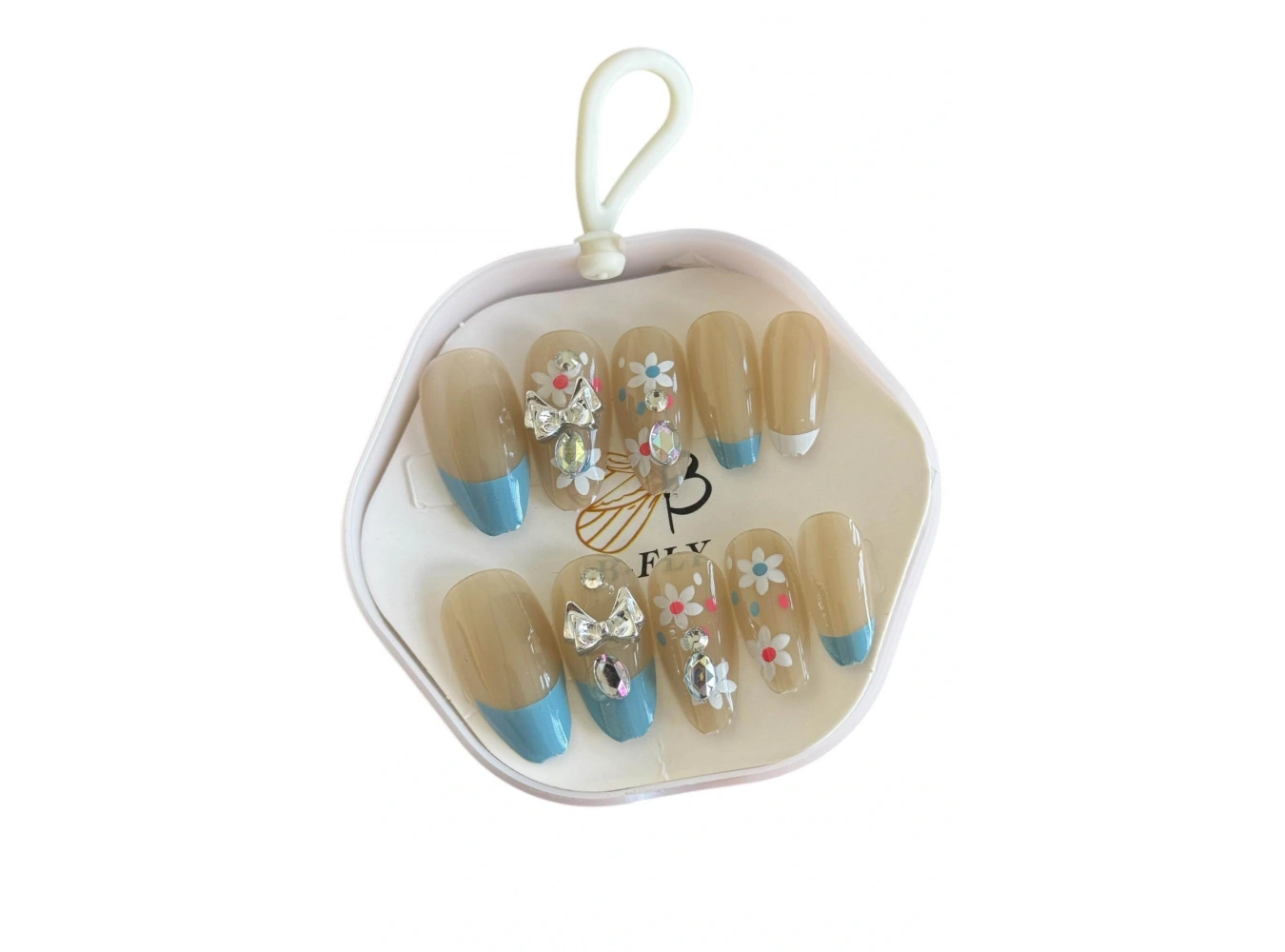 10lu Krem Ve Mavi Renk Çiçek Figürlü Taş Detaylı Takma Tırnak Set (Yapıştırıcılı)